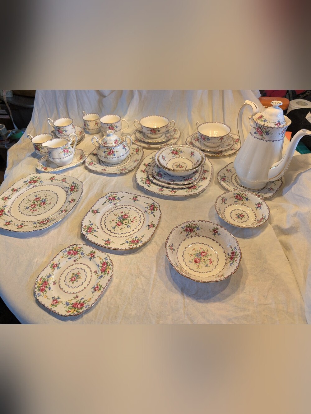 Royal Albert Cream Porcelain Dinnerware with Pink needlepoint Floral Motif